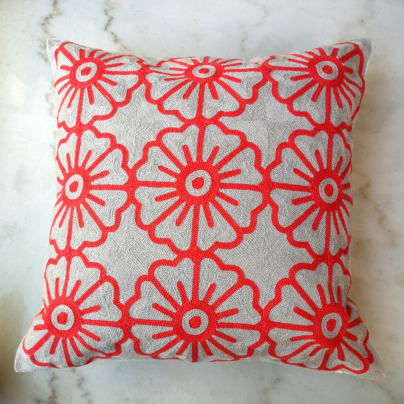 Embroidery Grey & Red Floral Cushion Cover 45cm x 45cm