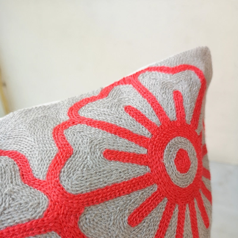 Embroidery Grey & Red Floral Cushion Cover 45cm x 45cm