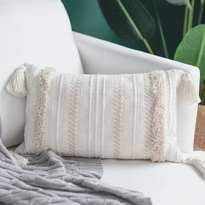 Cream Morroccan Sriped Woven Cushion Cover With Tassels