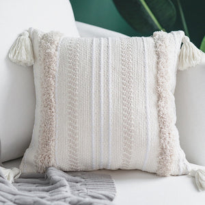 Cream Morroccan Striped Woven Cushion Cover With Tassels