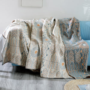 Geometric Boho Cotton Bedspread / Sofa Throw cream blue and yellow