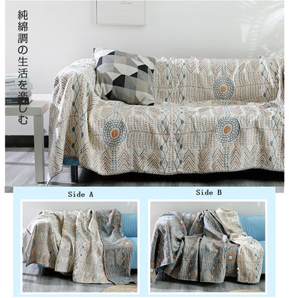 Geometric Boho Cotton Bedspread / Sofa Throw cream blue and yellow