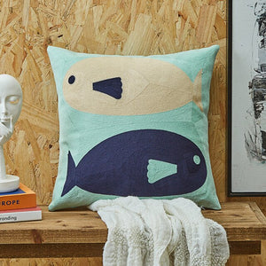 Fish Seaside Navy & Mint Green Embroidery Cushion Covers