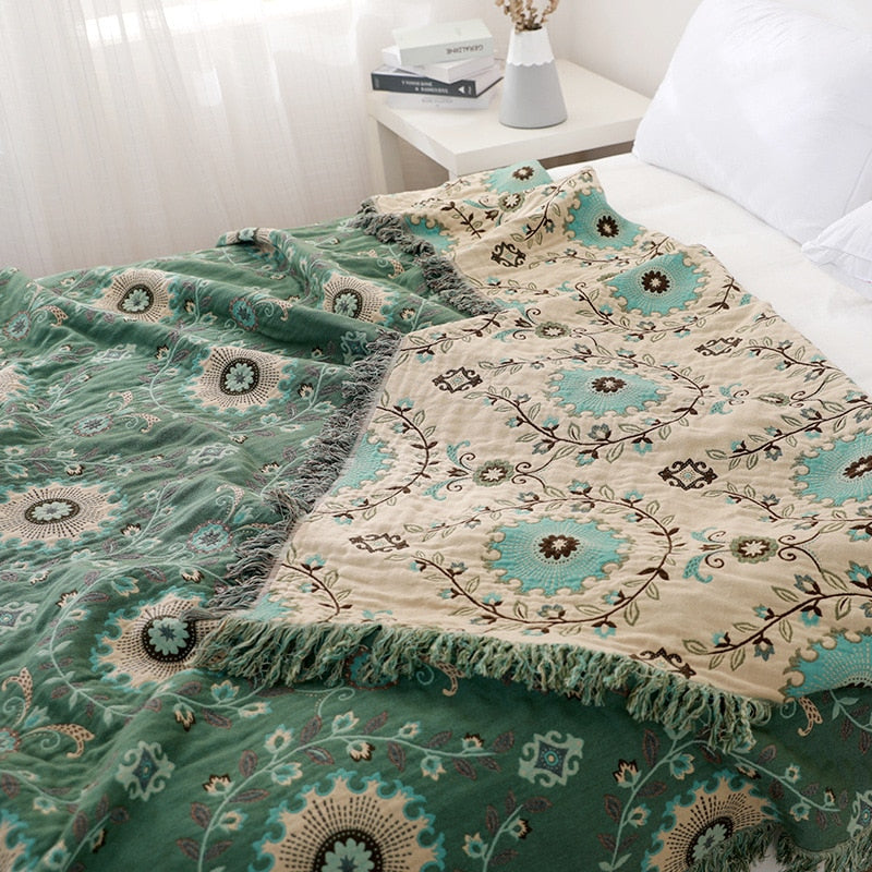 Mandala Floral Cotton Bedspread / Sofa Throw green and cream