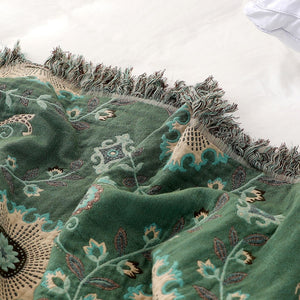 Mandala Floral Cotton Bedspread / Sofa Throw green and cream