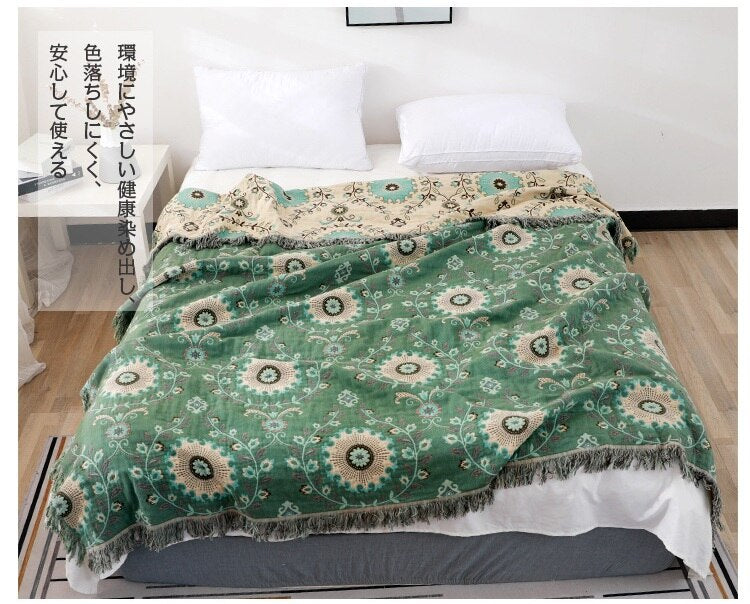 Mandala Floral Cotton Bedspread / Sofa Throw green and cream