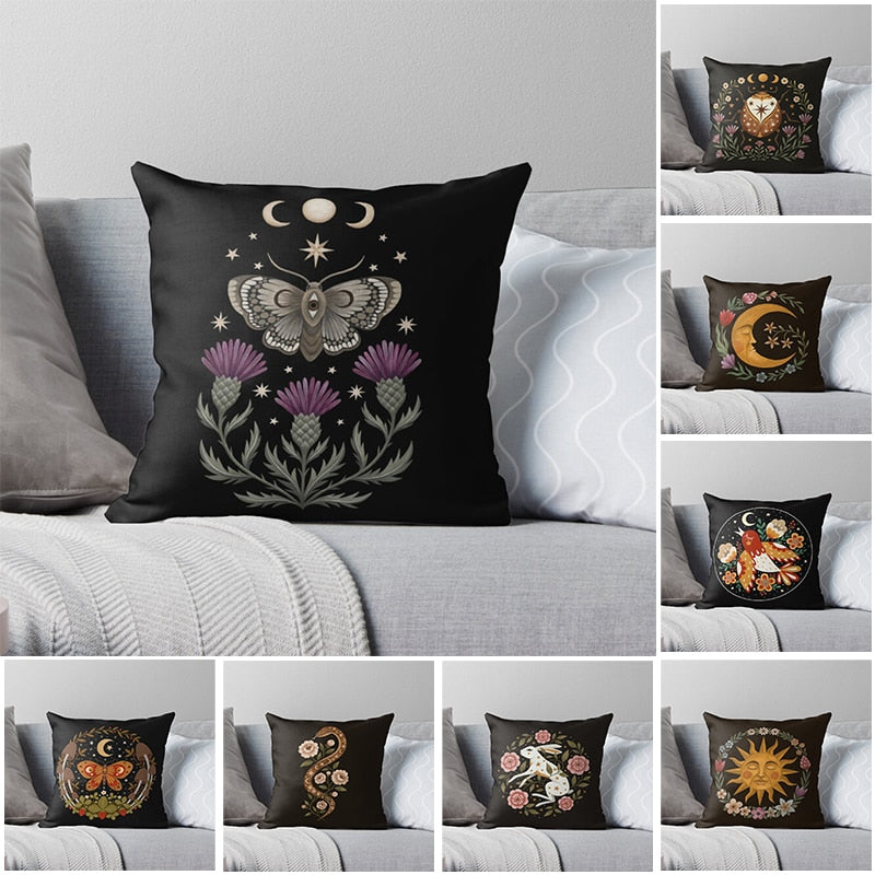 Nordic Black Cushion Covers With Sun, Moon, Floral & Fauna