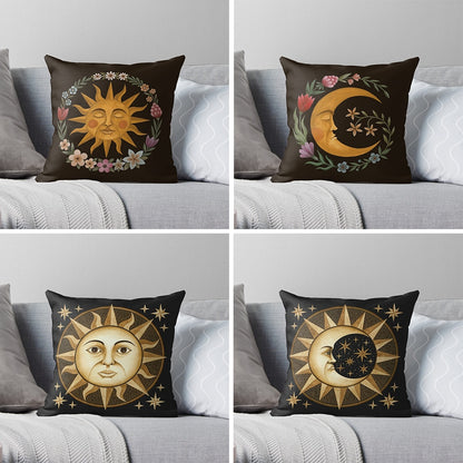 Nordic Black Cushion Covers With Sun, Moon, Floral & Fauna