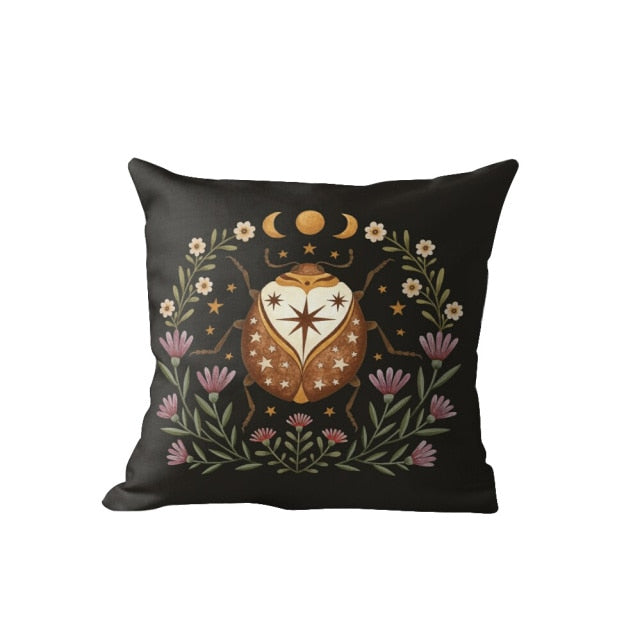 Nordic Black Cushion Covers With Sun, Moon, Floral & Fauna