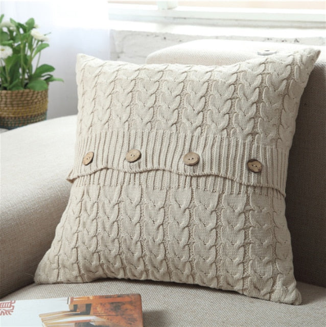 Beige Scandinavian Style 100% Cotton Knitted Cushion Cover With Buttons