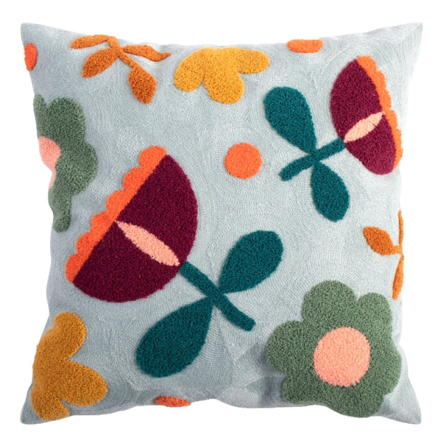 Colourful Embroidery Floral Cushion Covers - Light Blue With Flowers