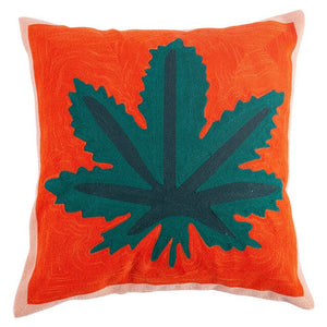 Colourful Embroidery Floral Cushion Covers - Orange With Green Leaf