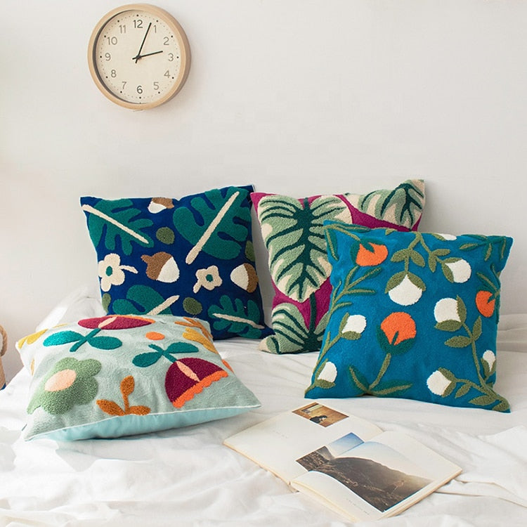 Colourful Embroidery Floral Cushion Covers - Navy with Oak Nuts & Leafs