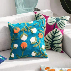 Colourful Embroidery Floral Cushion Covers - Dark Turquoise With Berries