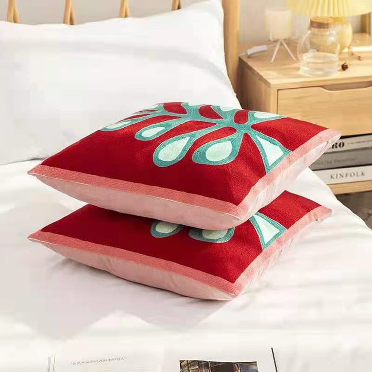 Colourful Embroidery Floral Cushion Covers - Red With Grey Leaf