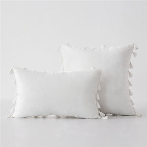 White Stylish Velvet Cushion Covers With Tassels - 18in x 18in and 12in x 20in