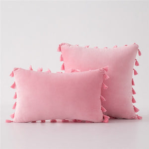 Pink Stylish Velvet Cushion Covers With Tassels - 18in x 18in and 12in x 20in