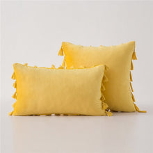Yellow Stylish Velvet Cushion Covers With Tassels - 18in x 18in and 12in x 20in