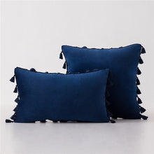 Navy Stylish Velvet Cushion Covers With Tassels - 18in x 18in and 12in x 20in
