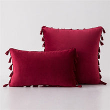 burgundy Stylish Velvet Cushion Covers With Tassels - 18in x 18in and 12in x 20in