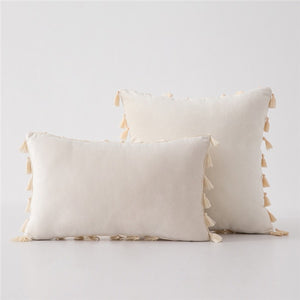 Cream Stylish Velvet Cushion Covers With Tassels - 18in x 18in and 12in x 20in