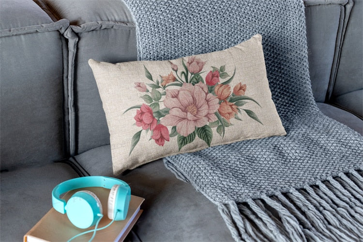 Beautiful Linen Cushion Covers With Spring Flowers 30cm x 50cm