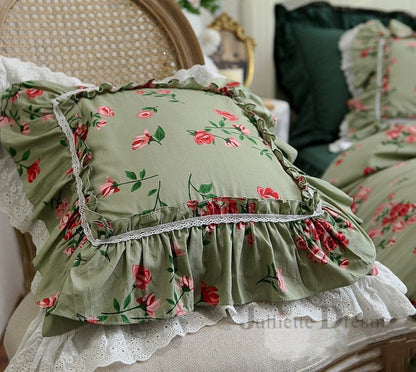 Green Romantic Floral Ruffle Lace Flouncing Cushion Covers