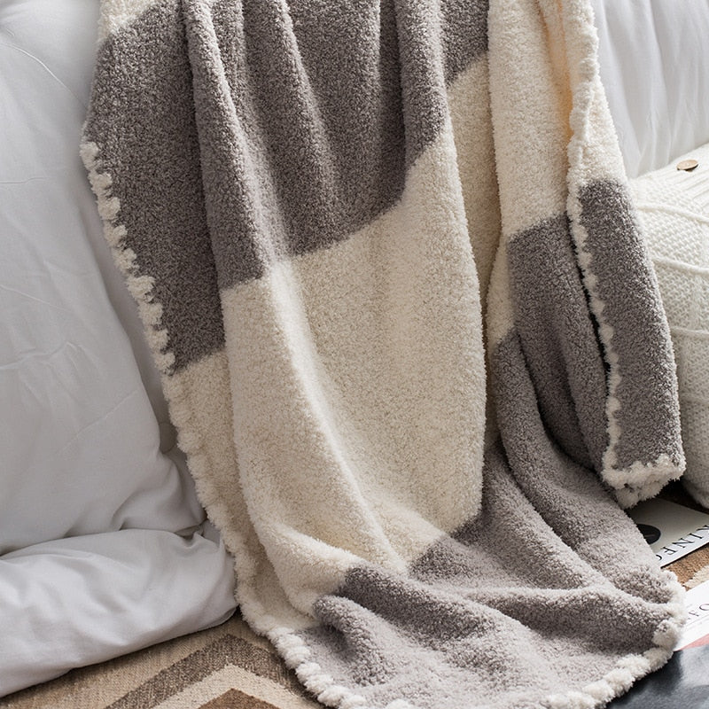 Striped Soft Faux Fur Sofa Blanket Throw / Shawl