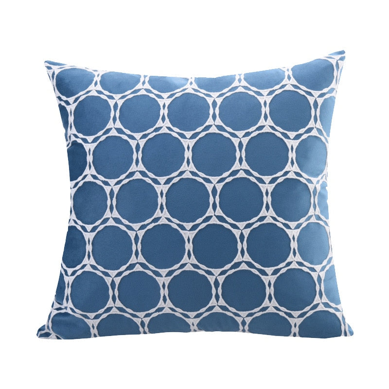 Blue Luxury Velvet Cushion Covers With Embroidered White Circles