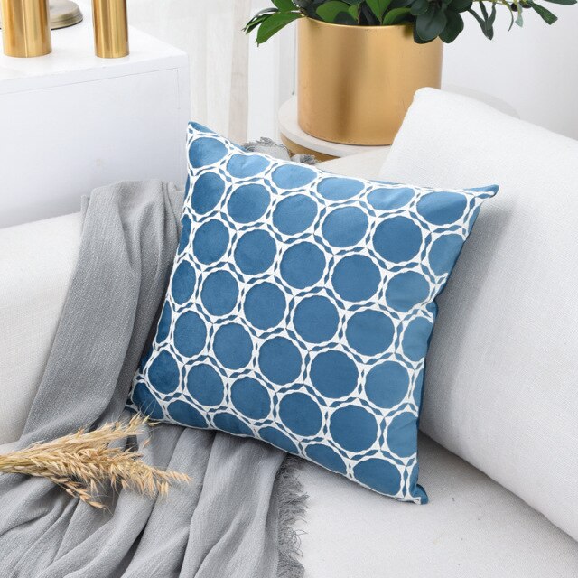Blue Luxury Velvet Cushion Covers With Embroidered White Circles