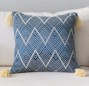 Blue Scandinavian Extra Large Zigzag Cushion Covers With Tassles