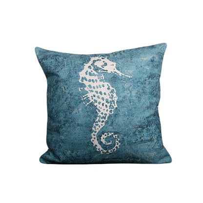 Cream Linen Cotton Cushion Covers With Blue Coral and Seahorse Prints