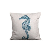 Cream Linen Cotton Cushion Covers With Blue Coral and Seahorse Prints