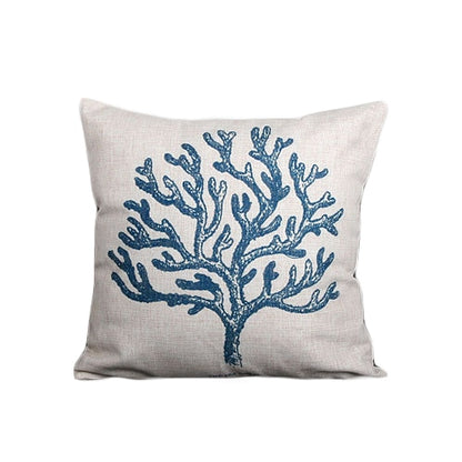 Cream Linen Cotton Cushion Covers With Blue Coral and Seahorse Prints