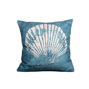 Cream Linen Cotton Cushion Covers With Blue Coral and Seahorse Prints