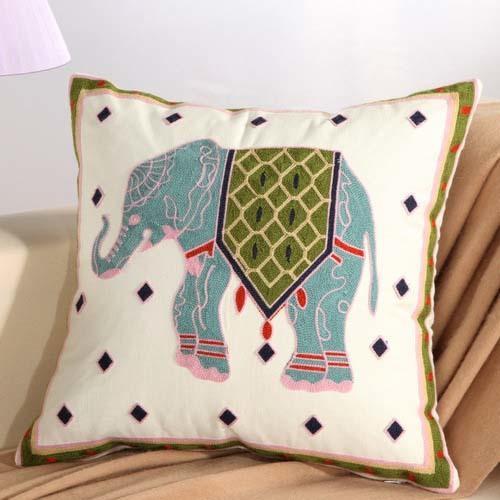 Boho Blue Elephant Floral Embroidery Cushion Cover - Indimode