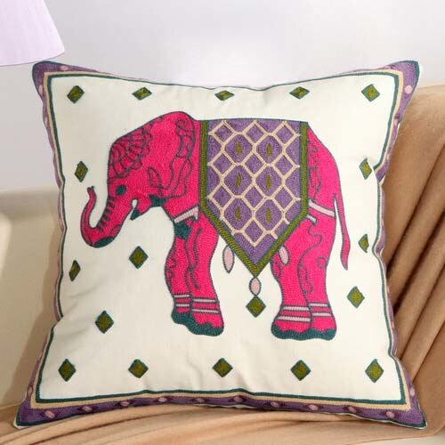 Boho Pink Elephant Floral Embroidery Cushion Cover - Indimode