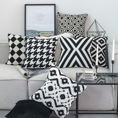Scandinavian Black & White Embroidery Cushion Covers - 45cm x 45cm
