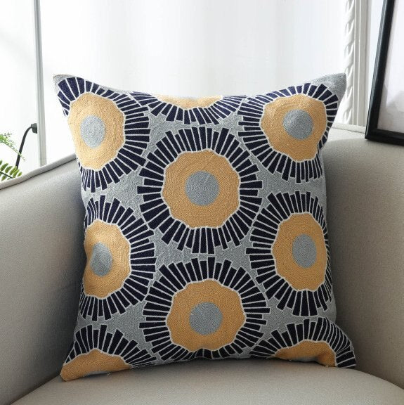 Scandinavian Embroidery Floral Geometric Cushion Cover - Yellow, Black & Grey