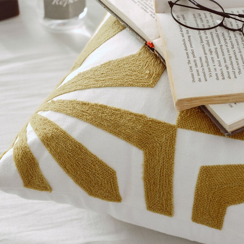 Golden Geometric Abstract Cream Embroidery Cushion Cover