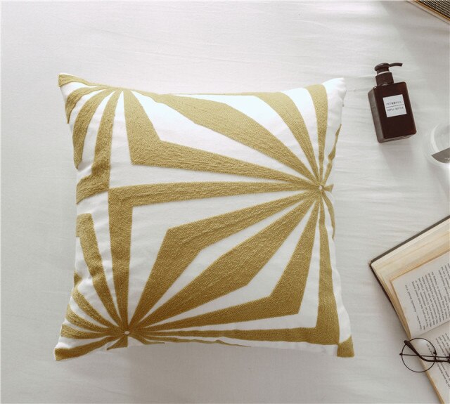 Golden Geometric Abstract Cream Embroidery Cushion Cover