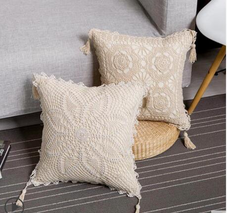 Cream Cotton Crochet Cushion Covers with Tassles