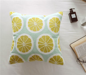 Light Green Scandinavian Embroidery Lemon Cushion Cover - 18in x 18in