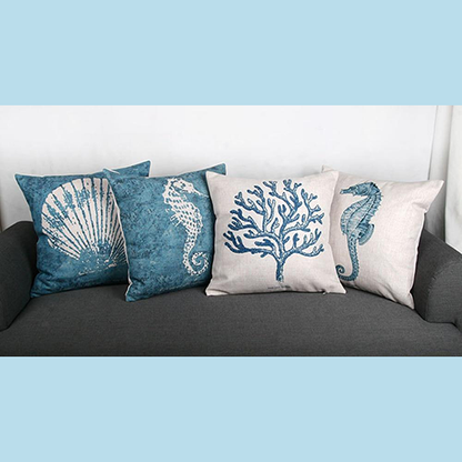 Cream Linen Cotton Cushion Covers With Blue Coral and Seahorse Prints